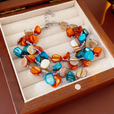 Bracciale Multistrato Con Perle Di Conchiglia Bohémien Acciaio Al Titanio Colorato Irregolare Regolabile Corda Intrecciata Fatto A Mano Vintage