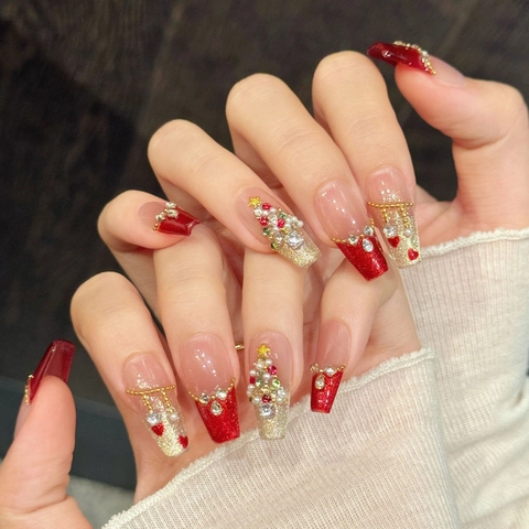 Weihnachts-Nägel Handgemacht Rot Gold Glitzer Lang Coffin Künstliche Nägel Mit Strass 3D Weihnachtsbaum Für Frauen