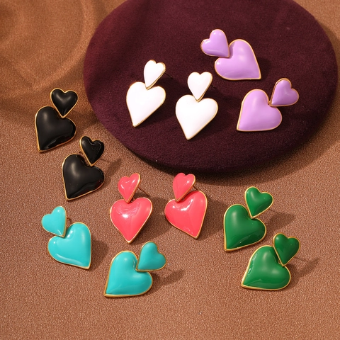 Boucles D'oreilles Pendantes Double Cœur En Acier Inoxydable Plaqué Or Émail Pour Femmes