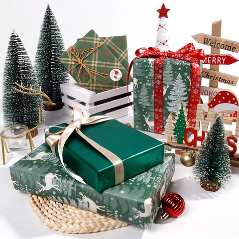 Rotoli Di Carta Da Regalo Di Natale Kraft Carta Patinata Motivo Alce Renna Griglia Scozzese Confezione Festiva