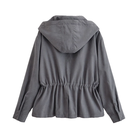 Dames Jack Met Capuchon En Cargo Rok Grijs Polyester Trekkoord Rits Streetwear Casual Outdoor