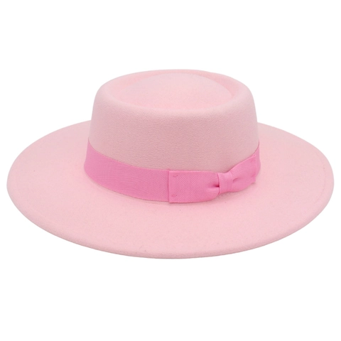 Elegant Wide Brim Boater Hat Wool Felt Blend Flat Top With Ribbon Bow Vintage Solid Color Accessory For Women