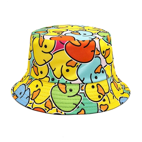 Kleurrijke Bucket Hat Met Cartoon Eend Print Polyester Zonbescherming Omkeerbaar Mode Vintage Dames Accessoires