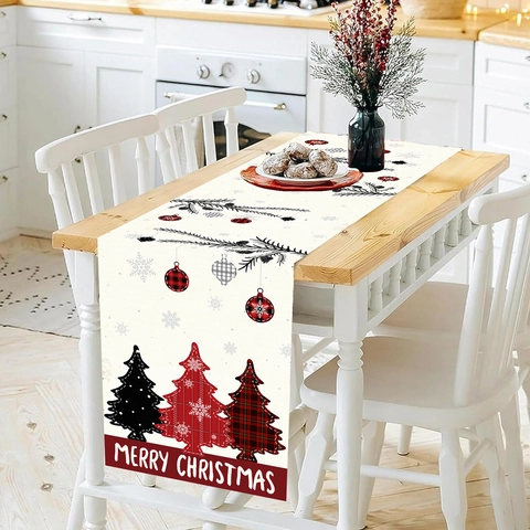 Weihnachts Tischläufer Rot Schwarz Karo Baum Ornament Polyester Festliche Feiertage Esszimmer Party Tischdekoration Frohe Weihnachten