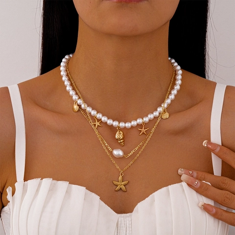Collana A Strati Tema Oceano Lega Perla Artificial Imitazione Stella Marina Conchiglia Pendenti Gioielli Spiaggia Estate Donne