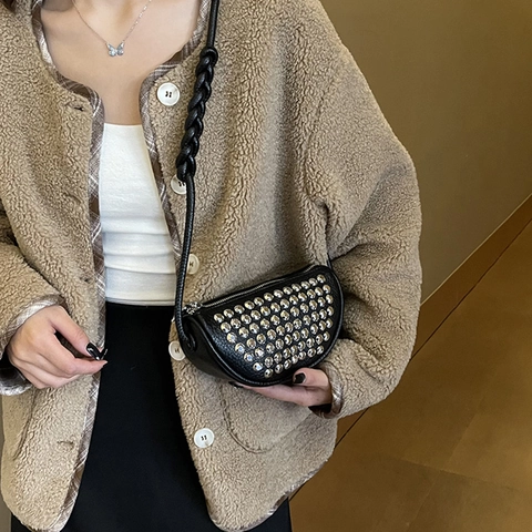 Rivet Half Moon Crossbody Bag PU Leather Litchi Pattern Punk Rock Style Woven Strap Shoulder Purse For Women