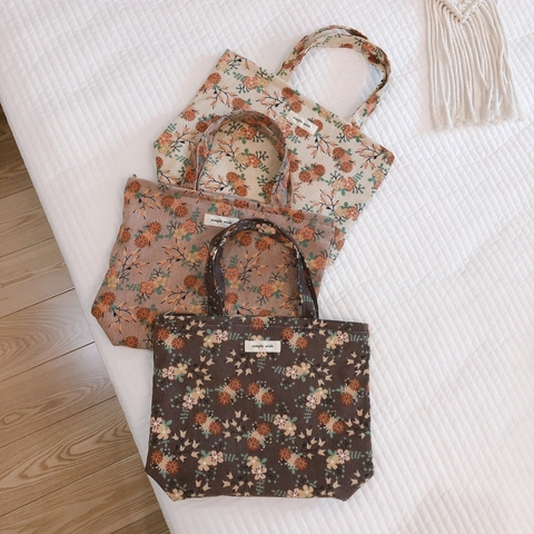 Corduroy Floral Tote Bag Vintage Retro Literary Flower Print Women Canvas Handbag With Zipper Small Casual Shopping Bag
