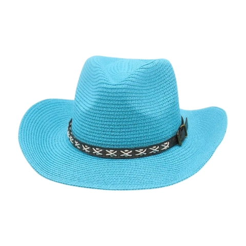 Chapeau de Cowboy en Paille Vintage pour Femmes Plage d'été Large Bord Protection Solaire Avec Ceinture Décorative Point de Croix Jazz Fedora