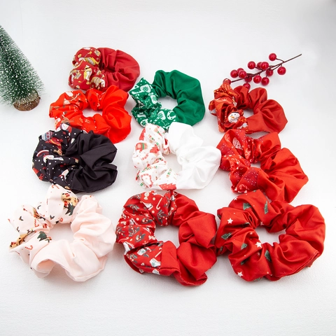 Christmas Hair Scrunchies Velvet Fabric Printed Patterns With Gold Bells Faux Artificial Pearls Plush Balls Festive Hair Ties