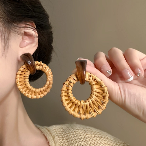 Boucles Oreilles Pendantes Bohèmes En Rotin Tressé Rond Géométrique Résine Avec Tige En Argent 925 Sterling Rétro Femmes
