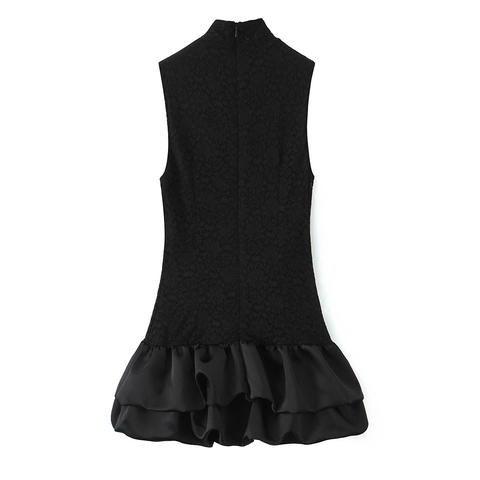 Black Mini Dress Lace Patchwork Satin Sleeveless High Neck Ruffle Hem Sexy Evening Party For Women