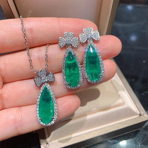 Luxurious Copper Pear Cut Zirconia Jewelry Set Water Drop Pendant Necklace Emerald Green Paraiba Blue Earrings Women Accessory