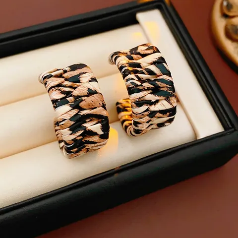 Woven Faux Leather Leopard Print C-Shaped Stud Earrings With Silver Earring Post Vintage Bohemian Jewelry For Women