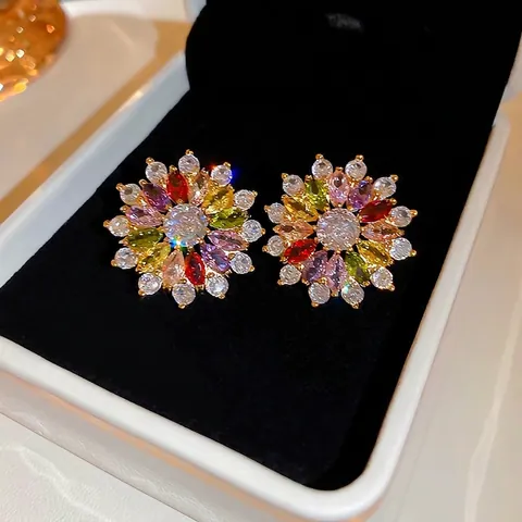 Bunte Zirkon Blumen Ohrstecker Vergoldet Mit 925 Sterling Silber Ohrstecker Süß Elegant Floral Damen