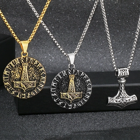 Pendentif Viking Marteau De Thor Hache Acier Inoxydable Mjölnir Rune Vegvisir Valknut Mythologie Nordique Bijoux Homme