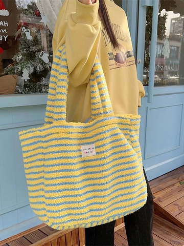 Große Plüsch Tragetasche Damen Gestreift Punktmuster Handtasche Weiches Fleece Schultertasche Offen Lässig Täglich
