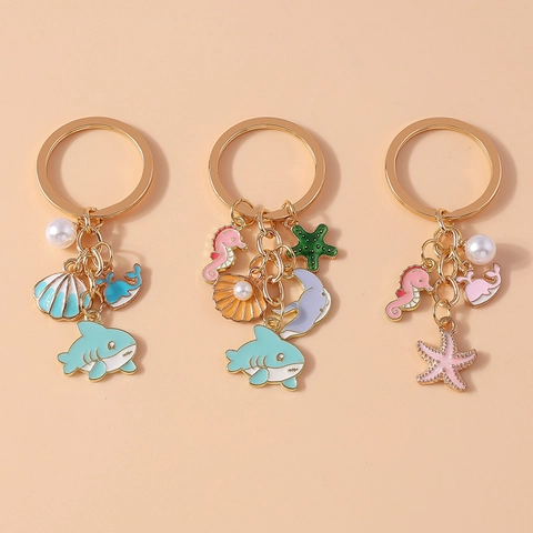 Ocean Theme Enamel Metal Keychain Seahorse Whale Shark Starfish Shell With Artificial Pearl Charms Bag Hanging Ornament