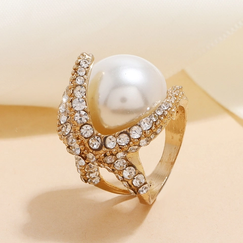 Exaggerated Starfish Artificial Pearl Ring Alloy Rhinestone Inlaid Ocean Theme Statement Cocktail Jewelry For Women