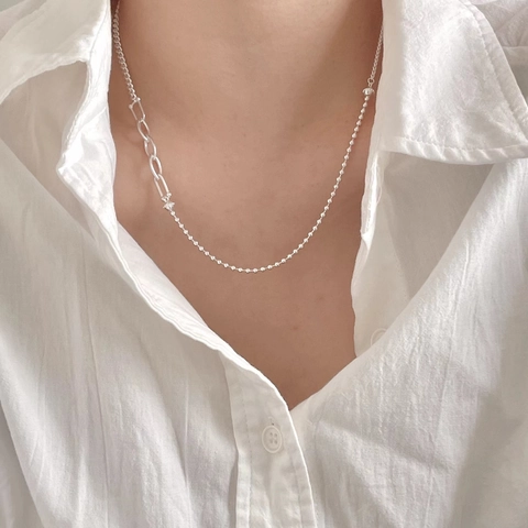 Collana In Argento Sterling 925 Asimmetrica Catena Mista Geometrica Perle Maglia Curb Maglie Ovali Stile Vintage
