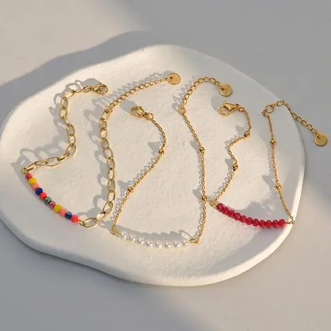 Stainless Steel Gold Plated Bracelet With Artificial Pearl And Colored Faceted Beads Adjustable For Women Elegant Jewelry