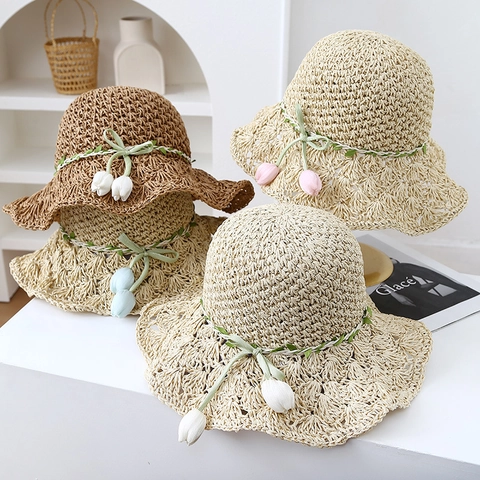 Cappello di Paglia di Carta a Tesa Larga Estivo Con Pendaglio a Tulipano Intreccio ad Ananas Protezione Solare da Spiaggia Donna