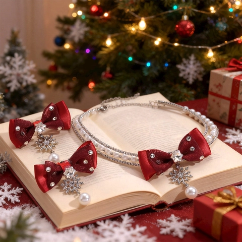 Set Gioielli Natale Fiocco Tessuto Rosso Fiocco Neve Collana Rame Perla Artificial Sintetica Strass Silver Earring Post Donna