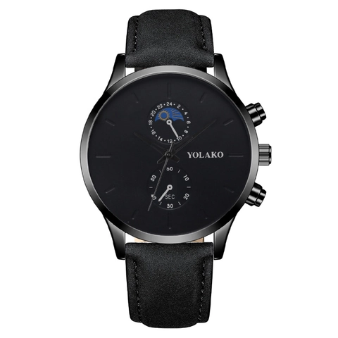 Men's Quartz Watch Fashion Business Alloy Case Leather Strap Moon Phase Day Night Indicator Dual Dial Analog Wristwatch