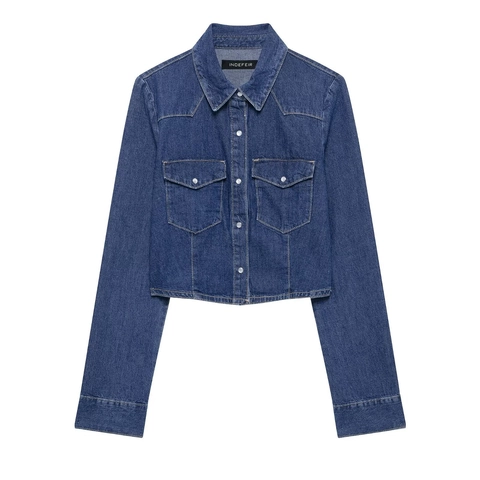Giacca Corta In Denim Da Donna E Pantaloni A Gamba Larga Vita Alta Manica Lunga Blu Scuro