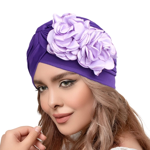 Women Solid Color Elastic Turban Hat Polyester Spandex Ethnic Large Flower Decor Ruched Headwear For Yoga Chemotherapy