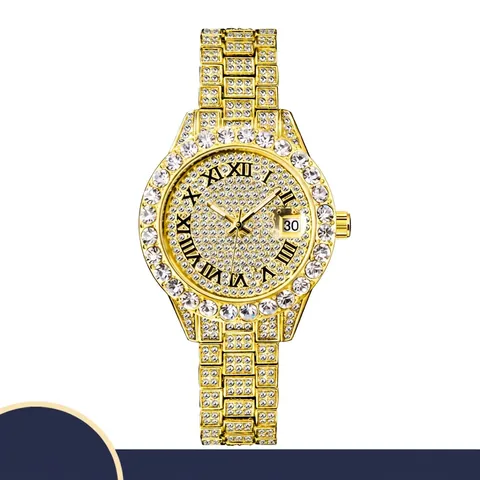 Orologio Lusso Donna Quarzo Strass Completo Impermeabile Calendario Numeri Romani Lega Elegante Lucido Abito Orologio Da Polso