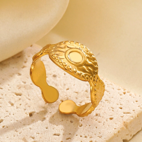 Anello Aperto In Acciaio Inossidabile Placcato Oro Da Donna Trama Martellata Ovale Geometrico Regolabile Stile Francese