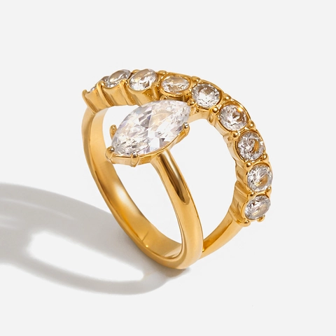 Double Layer Ring 18K Gold Plated Stainless Steel Marquise Round Zircon Geometric Vintage Jewelry For Women Elegant