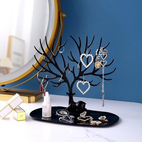 Organizzatore Gioielli Creativo Albero Corna Plastica PP Supporto Orecchini Collane Con Vassoio Contenitore Scrivania