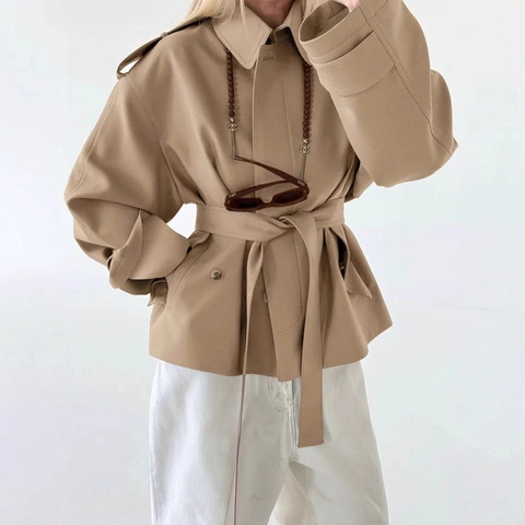 Trench Coat Court Femme Veste Polyester Revers Épaulettes Ceinture Style Britannique Minimaliste Navetteur Vêtements