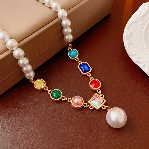Faux Artificial Pearl Necklace With Colorful Crystal Accents Alloy Gold Plated Vintage Luxury Style For Women