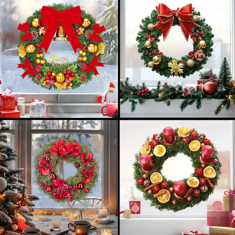 Christmas Wreath Window Stickers Static PVC Cling Decals For Glass Showcase Home Holiday Decoration Festive Merry Christmas