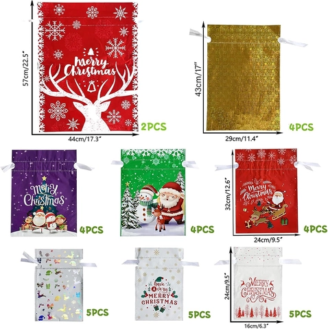 Christmas Drawstring Gift Bags Plastic Assorted Patterns Santa Reindeer Snowman Holiday Party Treats Candy Wrapping Novelty