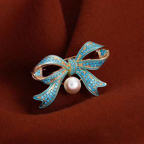 Spilla Fiocco Vintage Per Donna Con Perla Artificial E Perline Blu Lega Elegante Accessorio Di Lusso