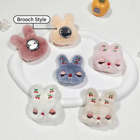 Tête De Lapin En Peluche Broderie Cerise Yeux Broche Accessoire Cheveux Bricolage Décoration