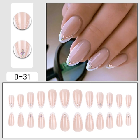 Press On Nails Almond Shape French V-Tip Nude Pink Translucent Jelly Rhinestone Geometric Line Design Removable Minimalist