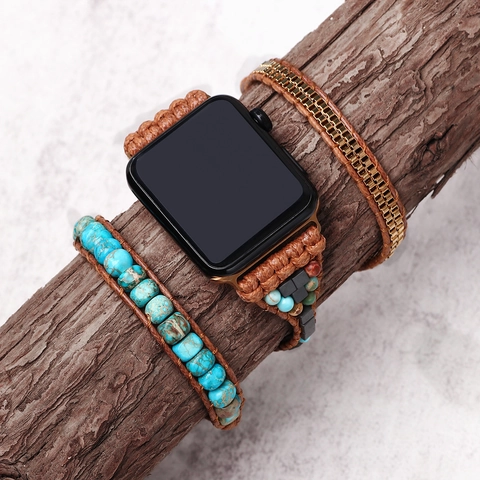 Bohemian Wrap Watch Band Leather Turquoise Beads Vintage Multi Layer Bracelet For Smart Watch