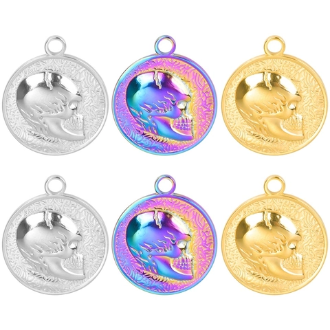Collana con Pendente a Rilievo Teschio in Acciaio Inossidabile Gotico per Uomo Donna Gioielli Vintage Punk Moneta Rotonda Oro Argento Colorato