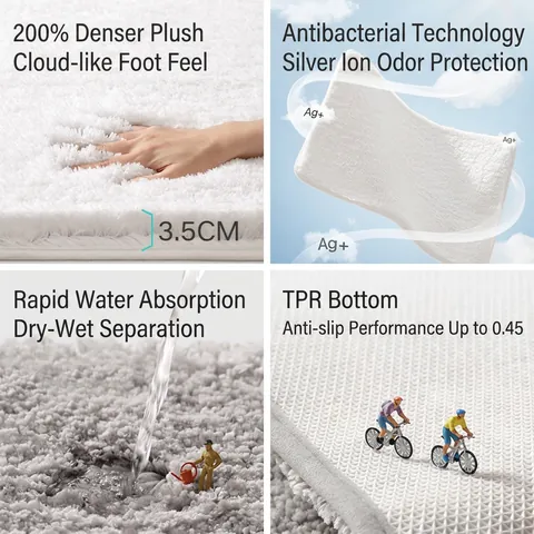 Tapis De Bain Super Absorbant Ag+ Antibactérien Fond TPR Antidérapant Microfibre Peluche Douce Pour Douche Moderne