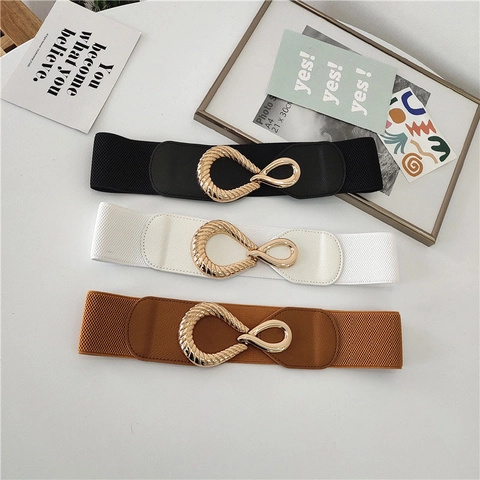 Women's Wide Elastic Waist Belt With Golden Infinity Metal Buckle Retro Synthetic Leather Patch Corset Cinch Belt For Dresses