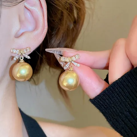 Pendientes Colgantes Lazo Aleación Zirconia Perla Artificial Champán Dorada Con Poste De Plata Esterlina 925 Elegante Mujer