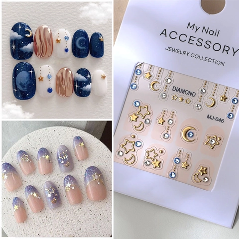 Star Moon Embossed Nail Art Stickers With Blue Rhinestones Adhesive Decals Manicure Decoration