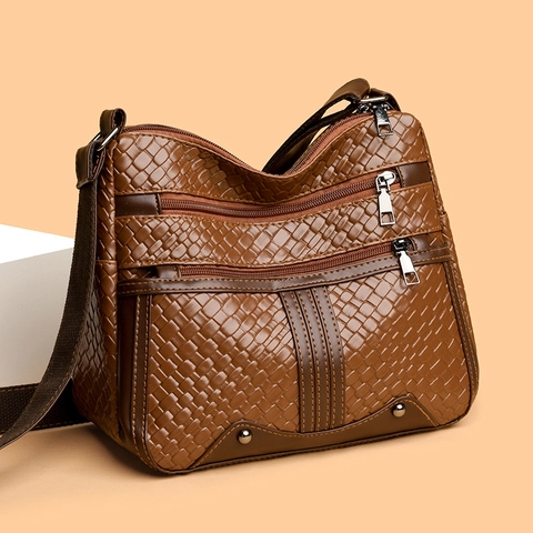 Women Crossbody Bag Soft PU Leather Woven Multi Layer Zippers Shoulder Handbag Casual Simple Elegant Large Capacity