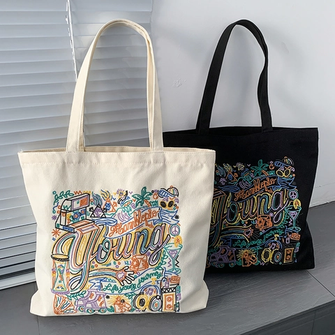 Borsa Tote In Tela Da Donna Grande Capacità Borsa A Spalla Ricamo Colorato Chiusura Con Cerniera Stile Graffiti Retrò