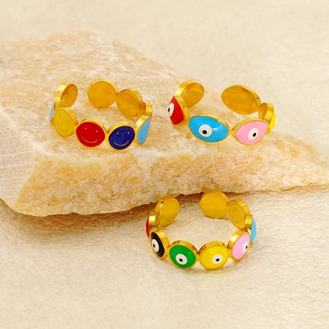 Ρυθμιζόμενο Δαχτυλίδι Evil Eye Smiley Face 18Κ Επιχρυσωμένο Ανοξείδωτο Ατσάλι Πολύχρωμο Σμάλτο Boho Κοσμήματα