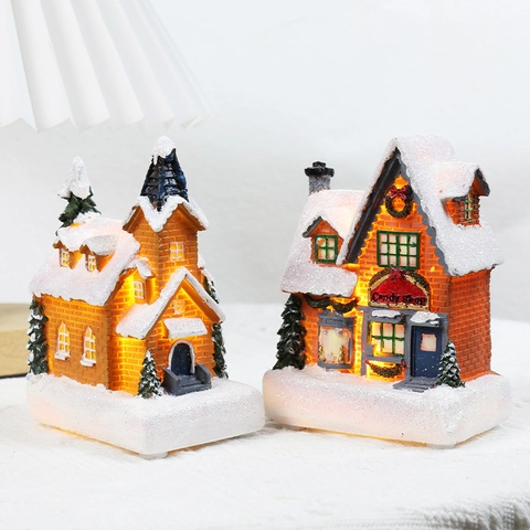 Miniature Christmas House LED Glowing Snow Village Ornament Resin Tabletop Holiday Home Decor Candy Shop Toy Land Gift